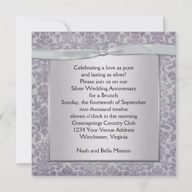 Lavender and Silver Damask 25th Wedding Anniversar Invitation (Front)