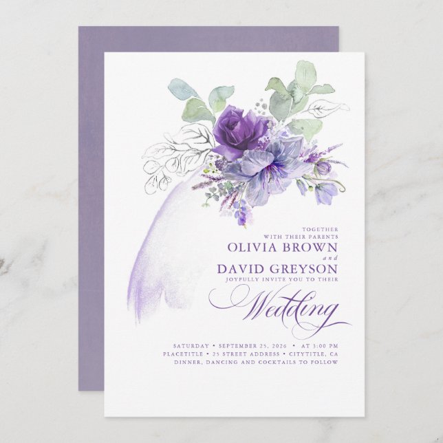 Lavender and Silver Elegant Modern Boho Wedding Invitation (Front/Back)