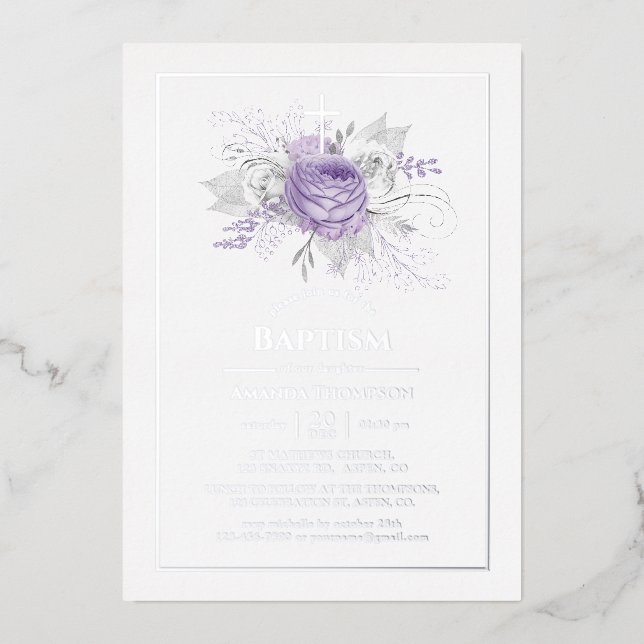 Lavender and Silver Floral Baptism Foil Invitation (Front)