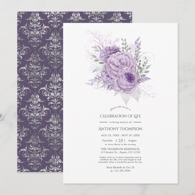 Lavender and Silver Floral Celebration of Life Invitation (Front/Back)