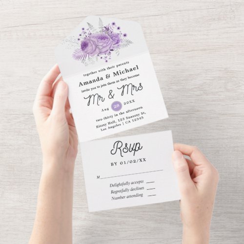 Lavender and Silver Floral Wedding All In One Invitation
