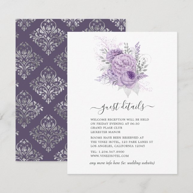 Lavender and Silver Floral Wedding Guest Details Enclosure Card (Front/Back)