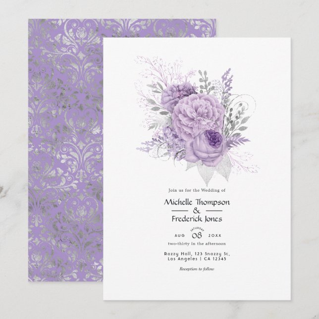 Lavender and Silver Floral Wedding Invitation (Front/Back)