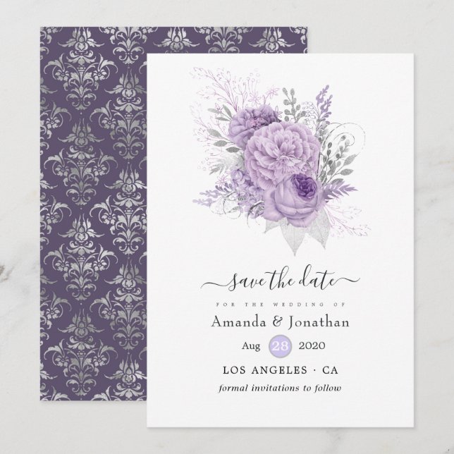 Lavender and Silver Floral Wedding Save The Date (Front/Back)
