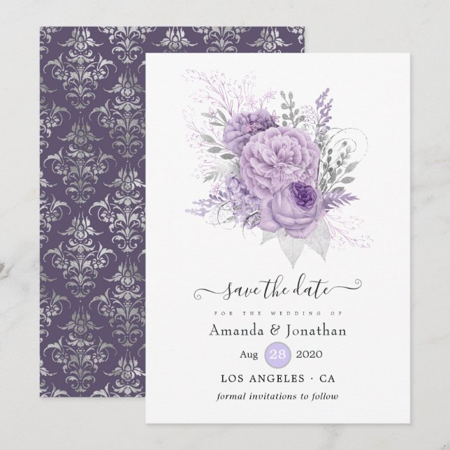 Lavender and Silver Floral Wedding Save The Date (Front/Back)