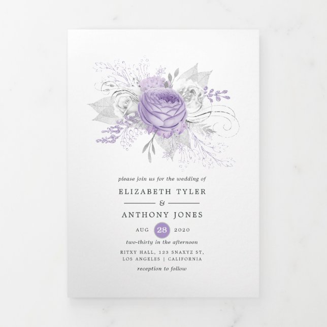Lavender and Silver Floral Wedding Tri-Fold Invitation (Cover)