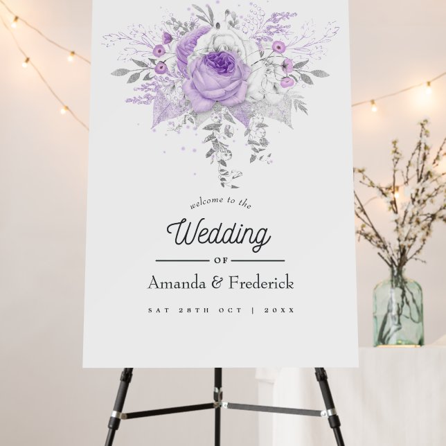 Lavender and Silver Floral Wedding Welcome Foam Bo Board (In Situ (Stand))