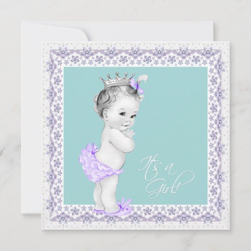 Lavender and Teal Blue Vintage Baby Girl Shower Custom Announcements