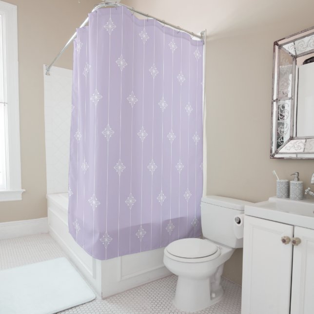 Lavender and White Abstract Floral Pattern Shower Curtain (In Situ)