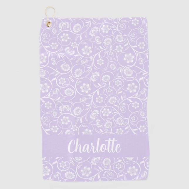 Lavender And White Floral Personalized Name Women Golf Towel (Front)