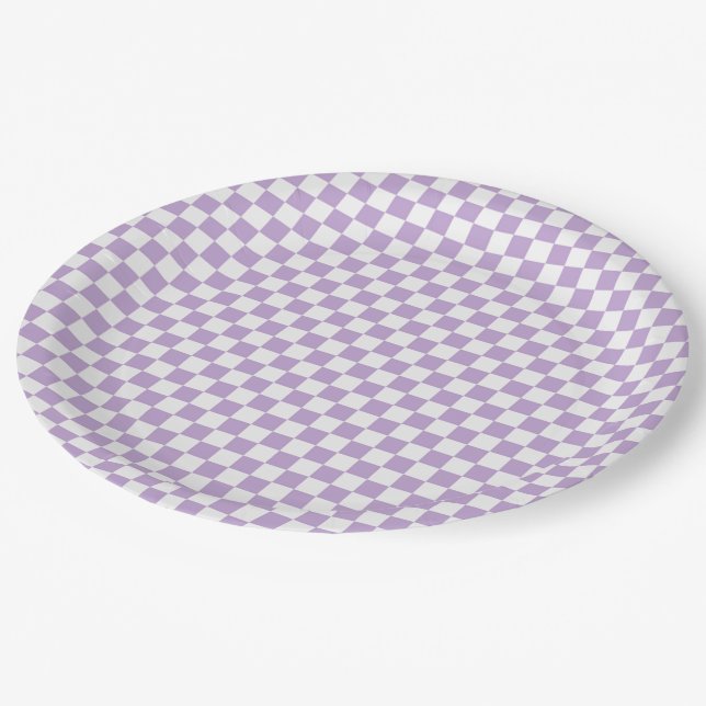 Lavender And White Gingham Checkered Paper Plates (Angled)