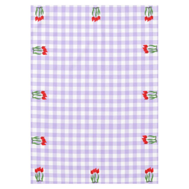 Lavender and White Gingham Pattern and Tulips Tablecloth (Front)