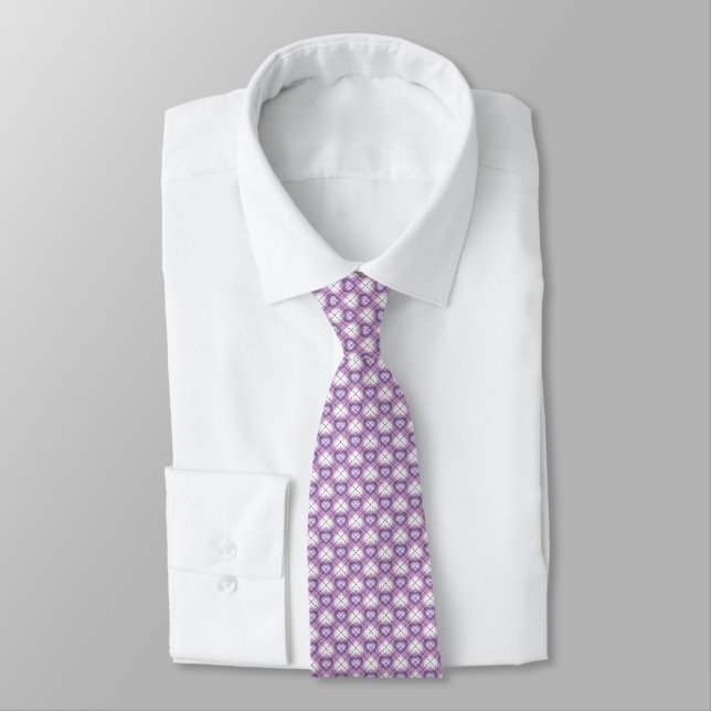 Lavender and White Hearts Argyle Pattern Neck Tie (Tied)