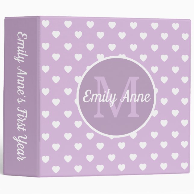 Lavender and White Hearts Monogram Scrapbook 3 Ring Binder (Front/Spine)