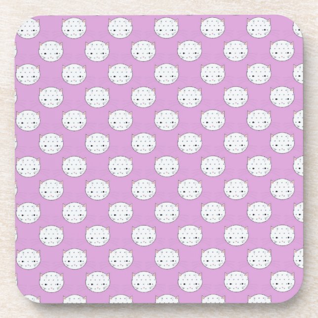 Lavender and White Kitty Faces Pattern Polka Dots Drink Coaster (Front)