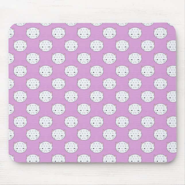Lavender and White Kitty Faces Pattern Polka Dots Mouse Pad (Front)