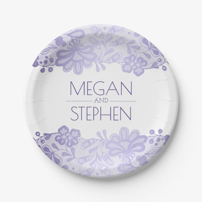 Lavender and White Lace Floral Elegant Wedding Paper Plates (Front)