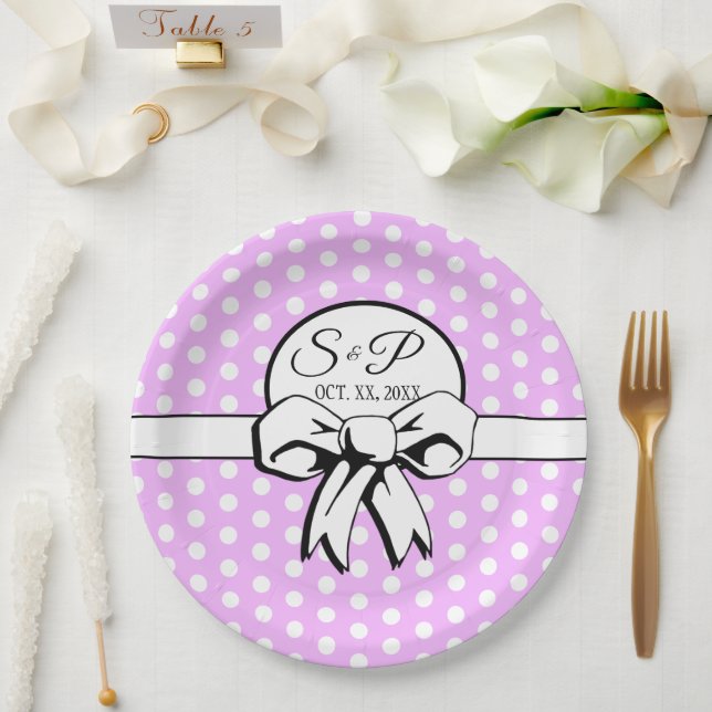 Lavender and White Polka Dot White Bow Personalize Paper Plates (Wedding)