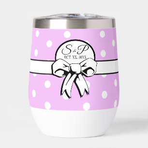 Lavender and White Polka Dot White Bow Personalize Thermal Wine Tumbler