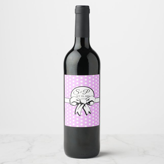 Lavender and White Polka Dot White Bow Personalize Wine Label (Front)