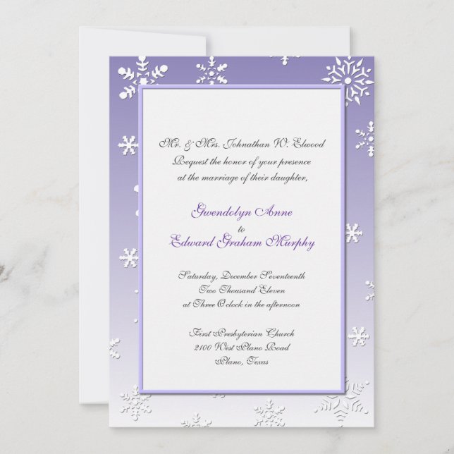 Lavender and White Snowflake Wedding Invitation (Front)