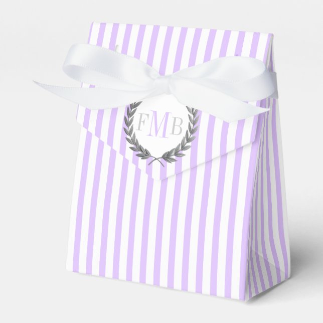 Lavender and white stripes monogram wedding favor boxes (Front Side)