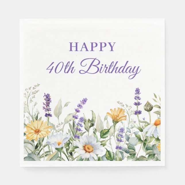 Lavender and Wildflowers Happy 40th Birthday Napkins (Front)