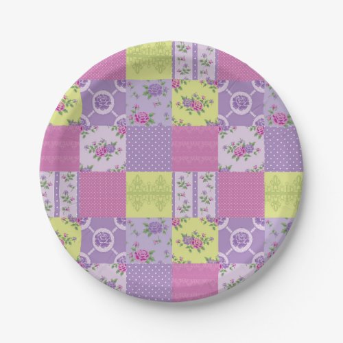 Lavender and Yellow Patchwork Quilt Pattern Paper Plates