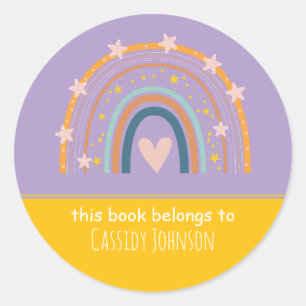 Lavender and yellow rainbow kids name classic round sticker