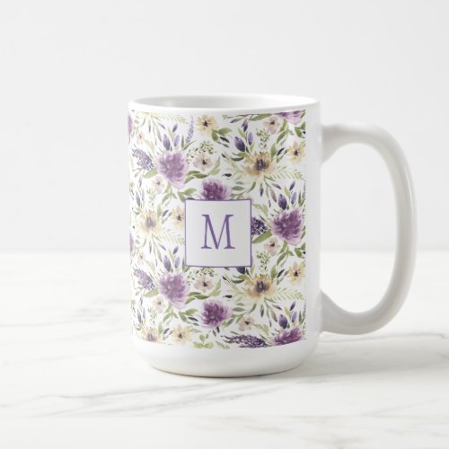 Lavender and Yellow Watercolor Floral Monogram Coffee Mug