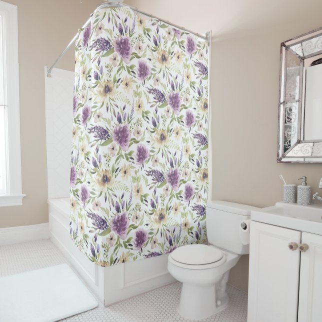 Lavender and Yellow Watercolor Floral Pattern Shower Curtain (In Situ)