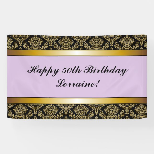 Lavender Any Age Gold Damask Birthday Banner (Horizontal)