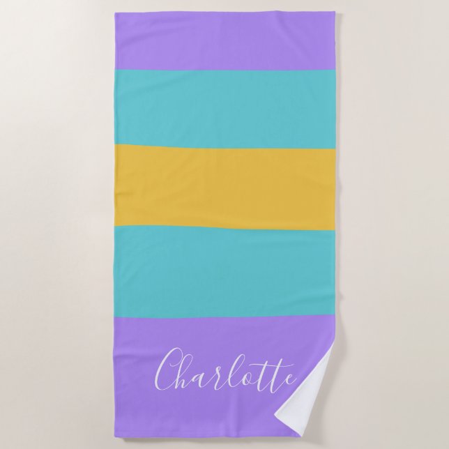 Lavender Aqua Yellow Wide Stripes Personalized  Beach Towel (Front)