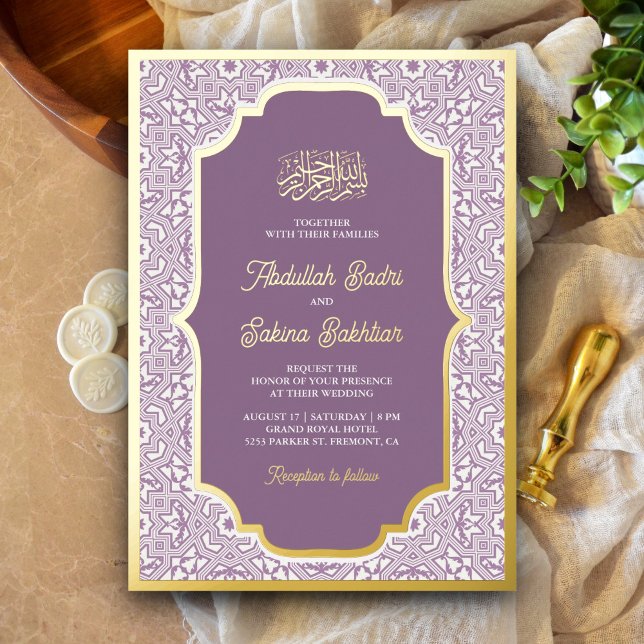Lavender Arabesque Pattern Muslim Wedding Gold Foil Invitation (Creator Uploaded)