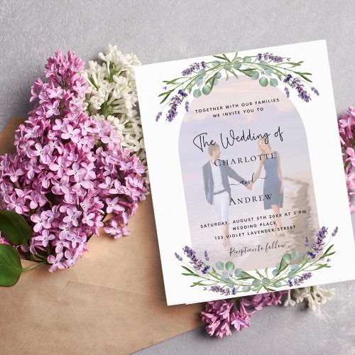 Lavender arch photo budget wedding invitation