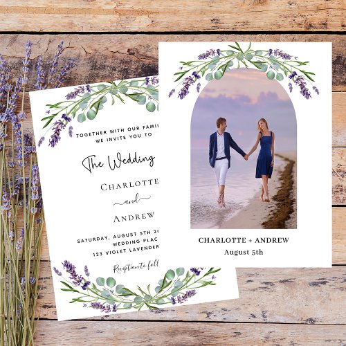 Lavender arch photo budget wedding invitation