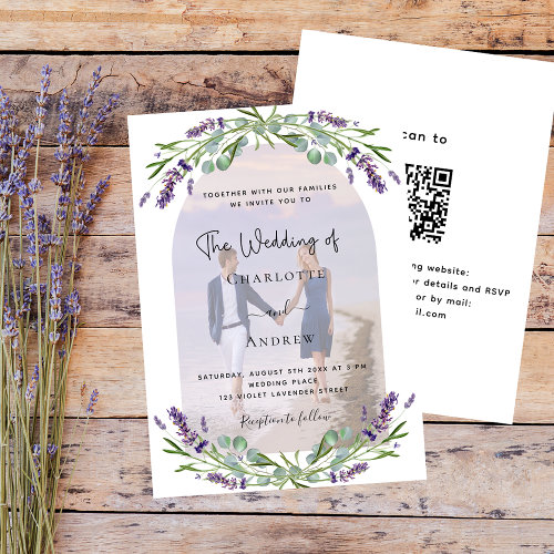 Lavender arch photo florals QR RSVP wedding Invitation
