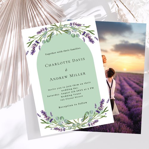 Lavender arch photo sage green luxury wedding invitation