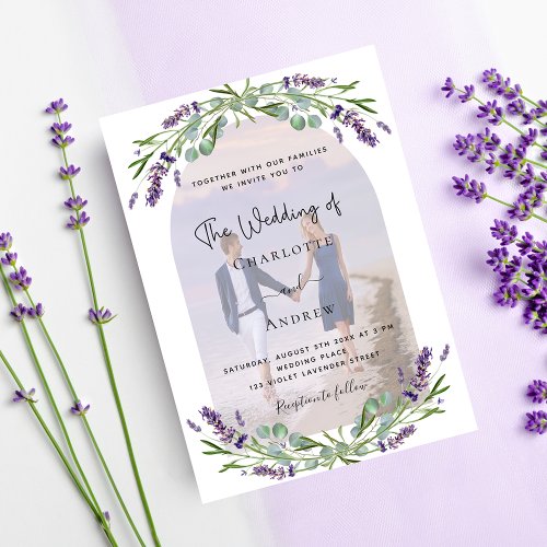 Lavender arch photo violet florals wedding invitation