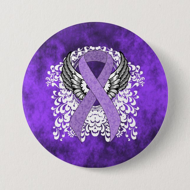 Lavender Awareness Ribbon with Wings Pinback Button (Front)