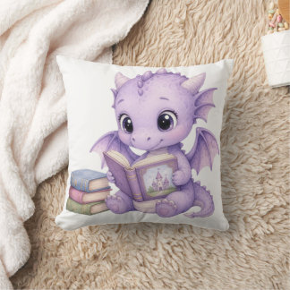 Lavender Baby Dragon Reading Book Storybook Throw Pillow
