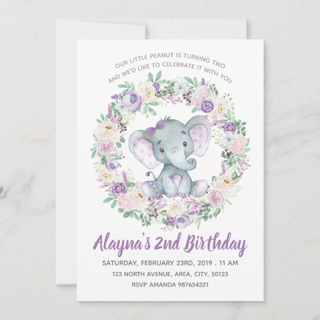 Lavender Baby Elephant Birthday Invitation (Front)