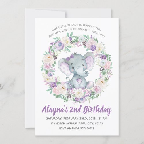 Lavender Baby Elephant Birthday Invitation