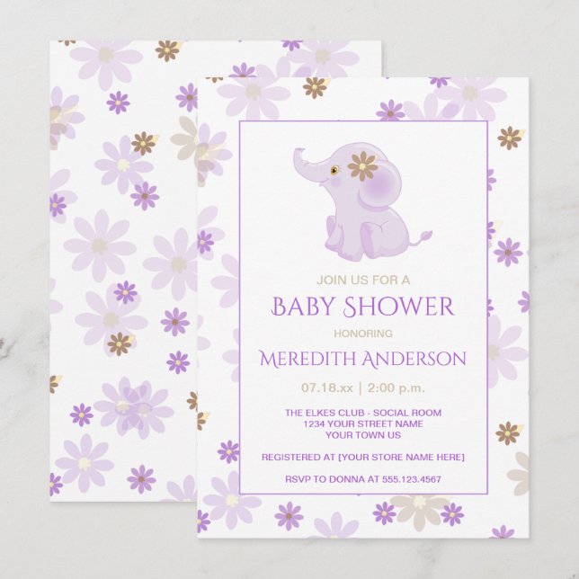 Lavender Baby Elephant Floral Baby Shower | Invitation (Front/Back)