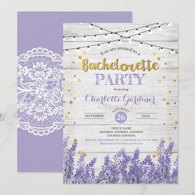 Lavender bachelorette party invitation rustic wood (Front/Back)