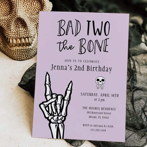 Lavender Bad Two The Bone 2nd Birthday Party Invitation