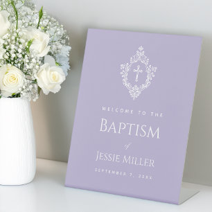 Lavender Baptism Welcome Cross in Crest Elegant Pedestal Sign