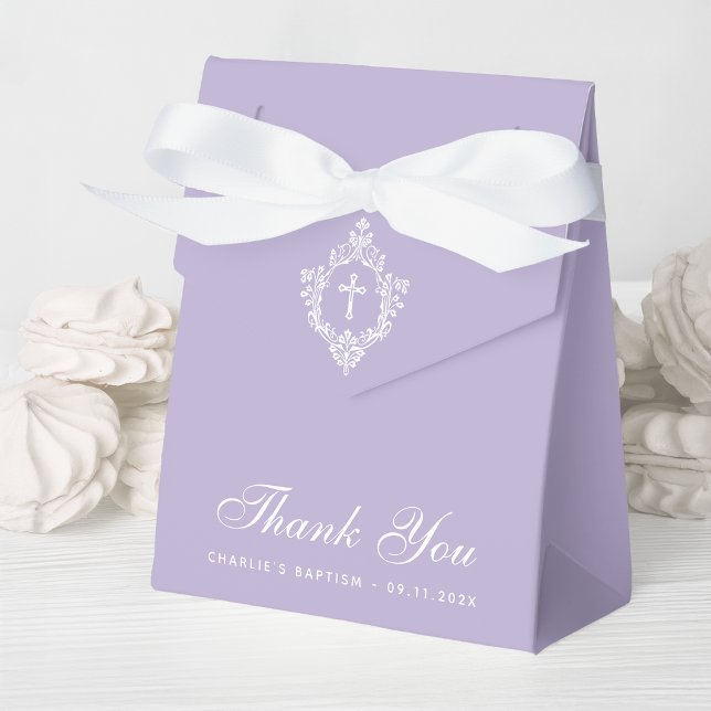 Lavender Baptism White Cross Crest Elegant Purple Favor Boxes (Creator Uploaded)