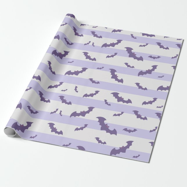 Lavender Bat Pattern on Striped Background Wrapping Paper (Unrolled)