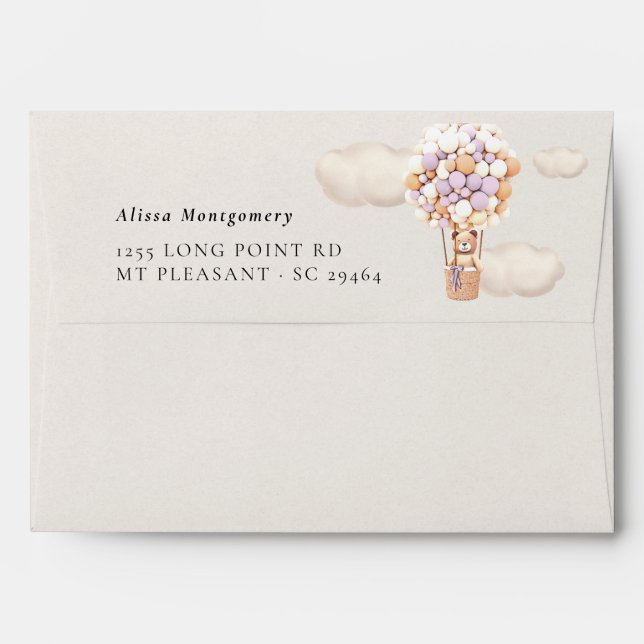 Lavender Bear Balloons Baby Shower Envelope (Back (Top Flap))